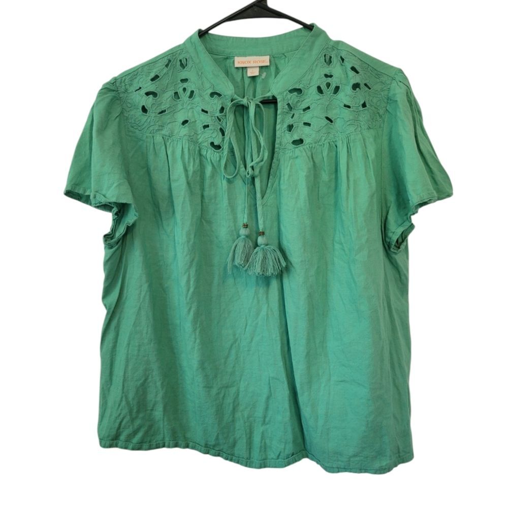 Knox Rose Green Eyelet Boho Peasant Blouse Top Size Large
